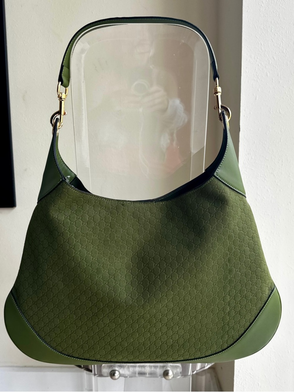 MEDIUM B Shoulder Bag w Pouchette-Moss Green Leather embossed letters - Picture 3 of 14